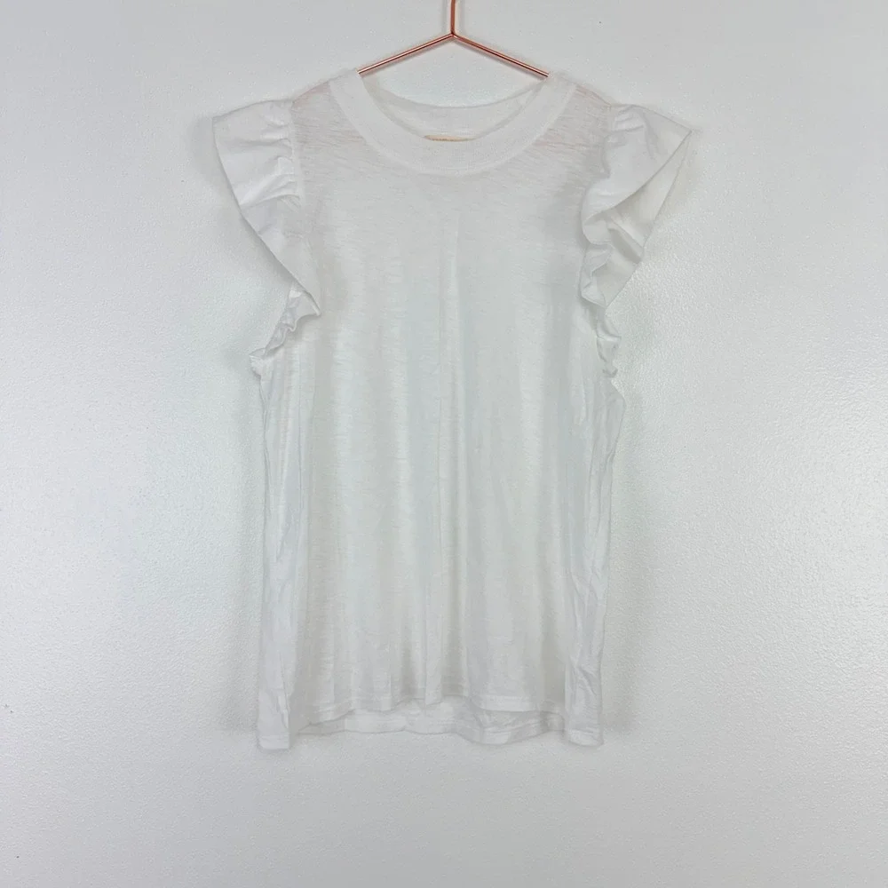 Nation LTD Paulette Ruffle Sleeve Tank Top Size M White Pima Cotton Slub Tee - Picture 2 of 16